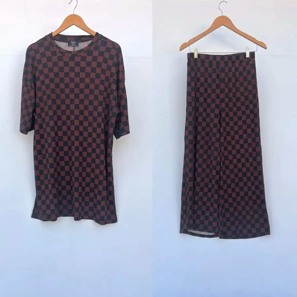 Dressed In LALA Lex Ribbed Playsuit Mocha Brown Black Checkered Set Pants Medium - Picture 5 of 12